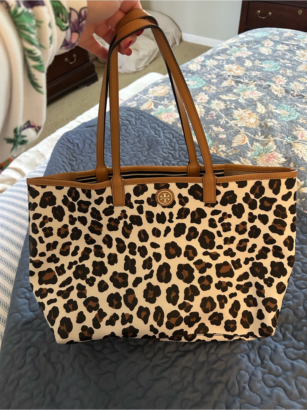 Tory Burch Leopard Canvas Tote with Tan Trim and Gold Logo